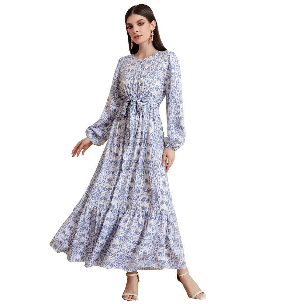 Long sleeve tie-waist boho maxi dress for women