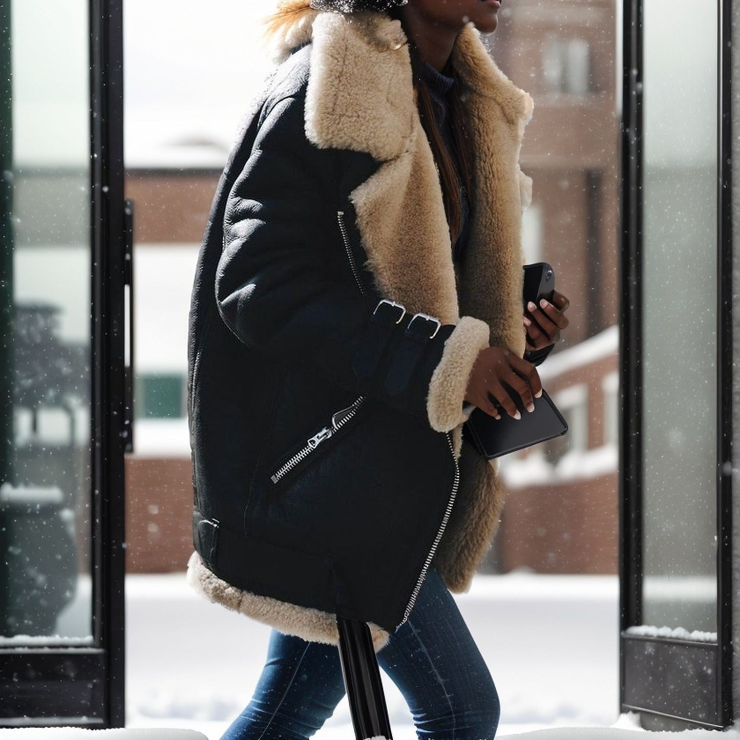 Women’s Oversized Coat – Plush Cotton – Faux Fur Trim – Zipper – Casual Layering