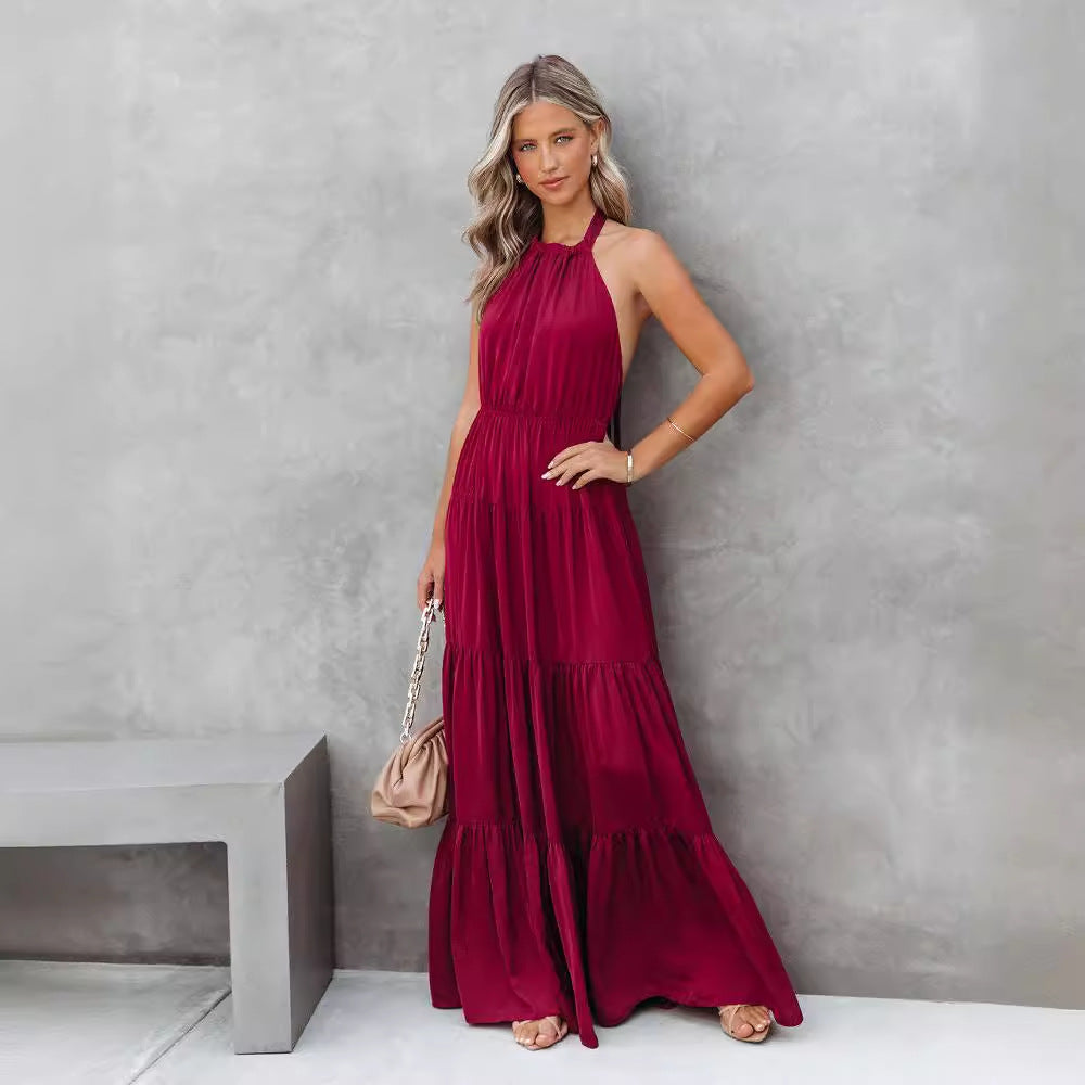 Women’s Halter Dress – Full Length – Tiered Skirt – Cinched Waist Flowing Fit