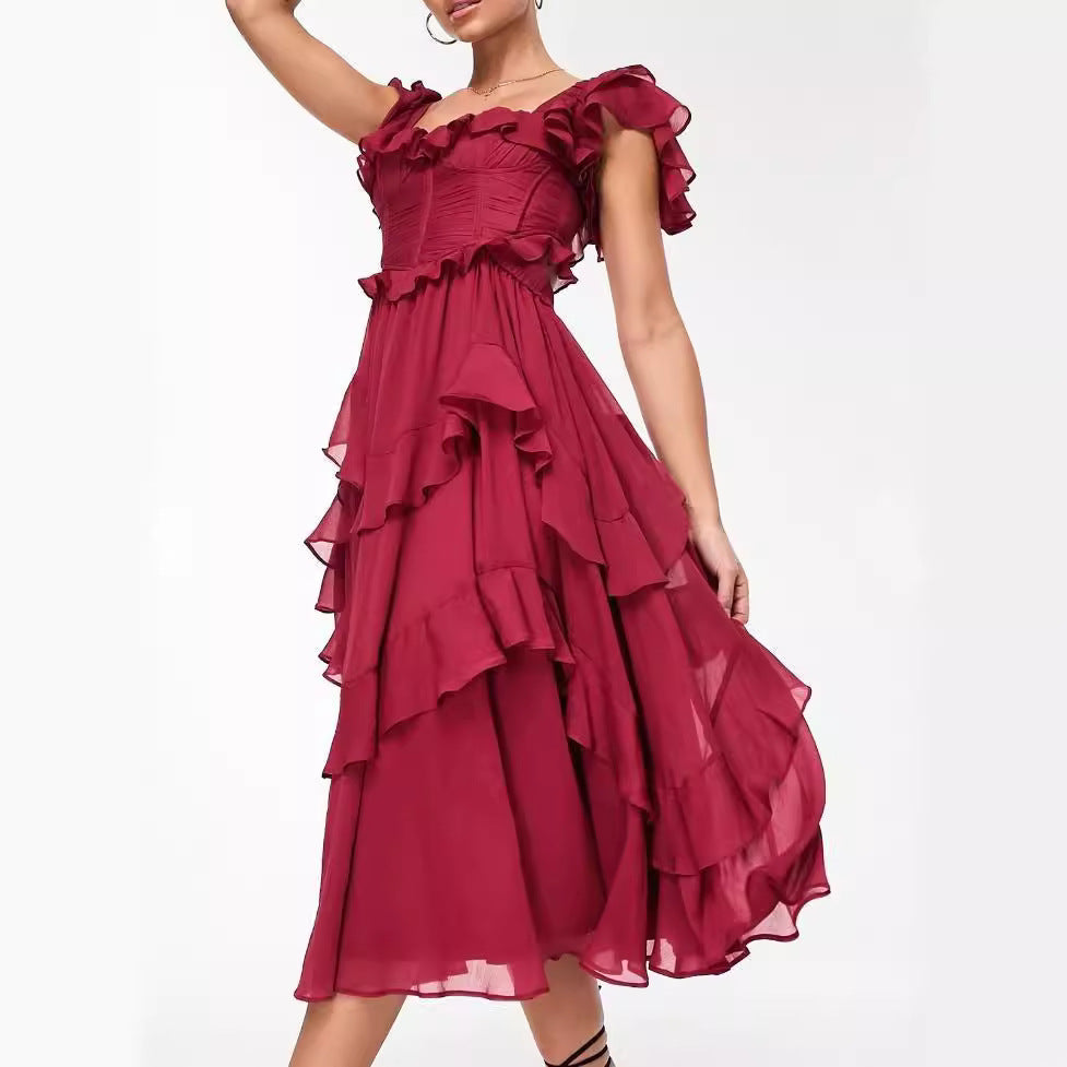 Women's Off-Shoulder Midi Dress - Tiered Ruffle Skirt - Elegant Flowing Fit
