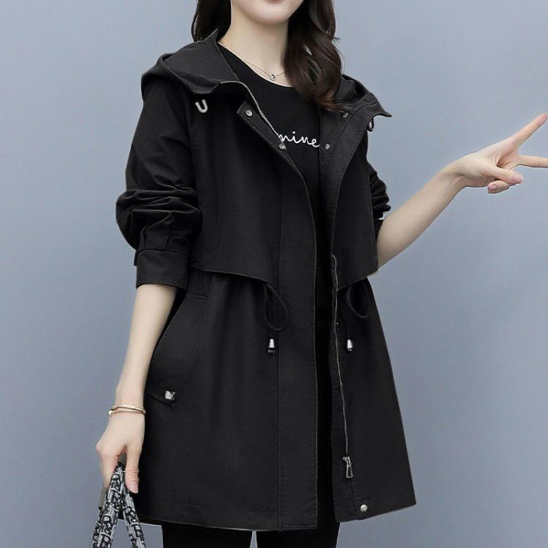 Women’s Windbreaker Jacket – Mid-Length Loose Fit – Hooded with Adjustable Waist