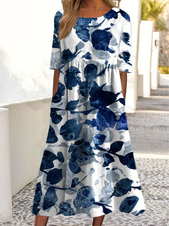 Women's Boho Dress - Relaxed Fit - Three-Quarter Sleeve - Midi Length