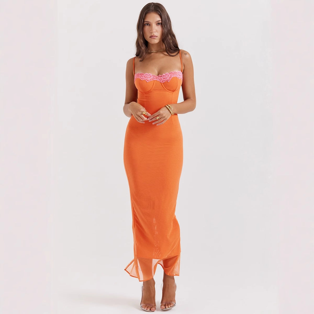 Women’s Maxi Dress – Slim Fit – Spaghetti Straps – Lace Trim – Sheer Hem