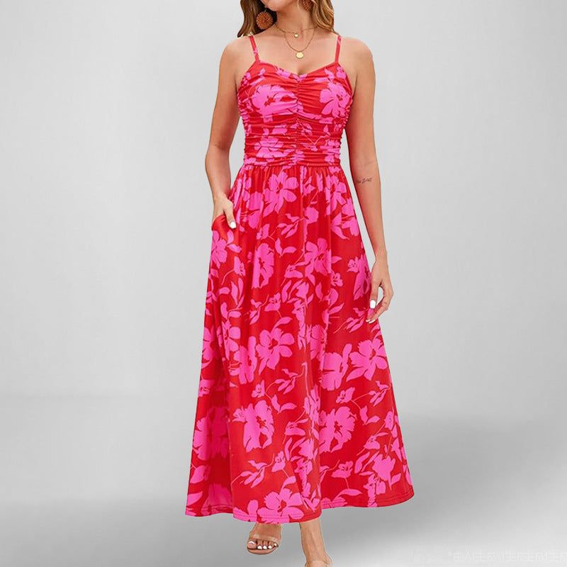 Women’s Sundress – Cotton Blend – A-Line Midi – Spaghetti Straps – Floral Print – Pockets