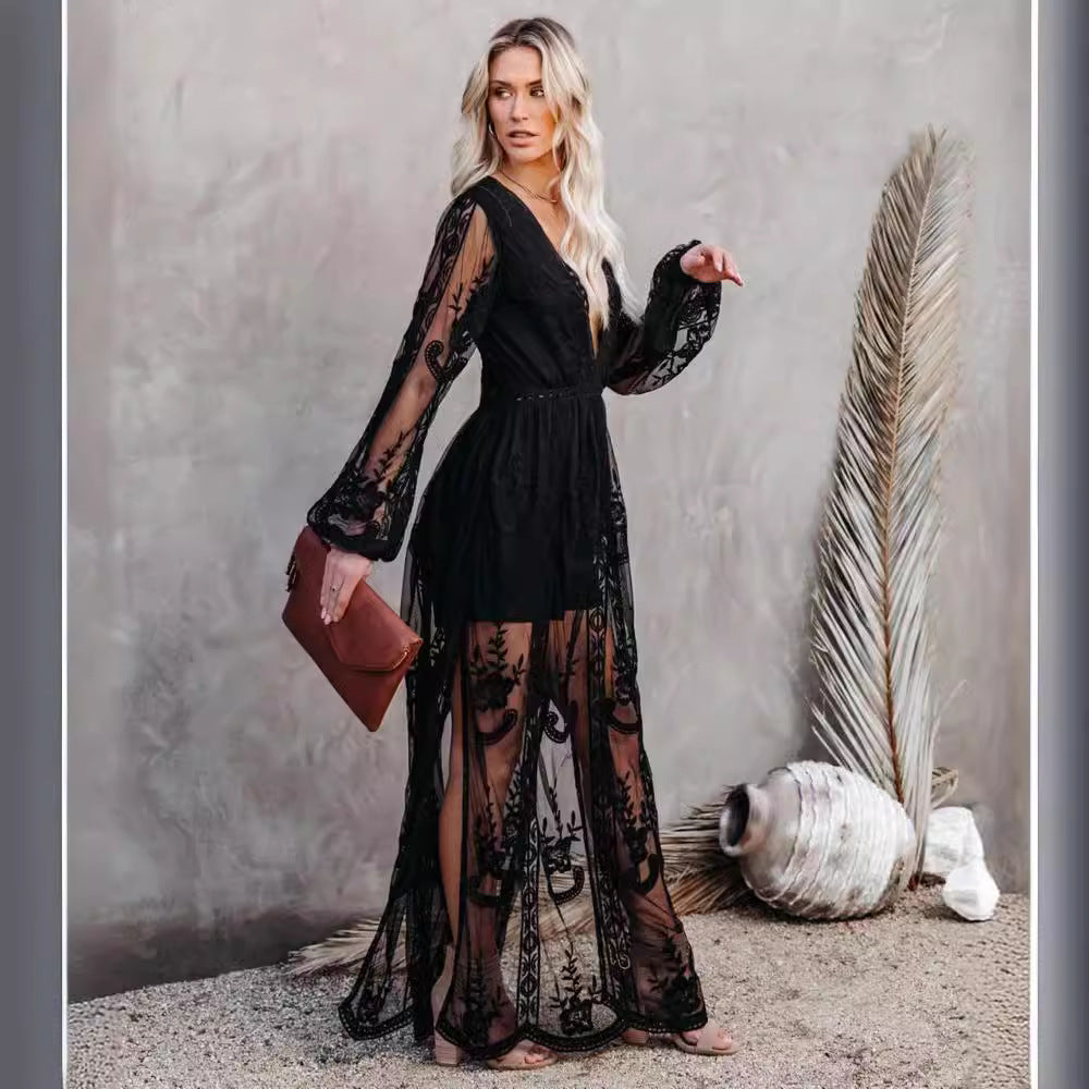 Women’s Long Dress – Lace & Chiffon – V-Neck – Sheer Sleeves – High Slit Fit