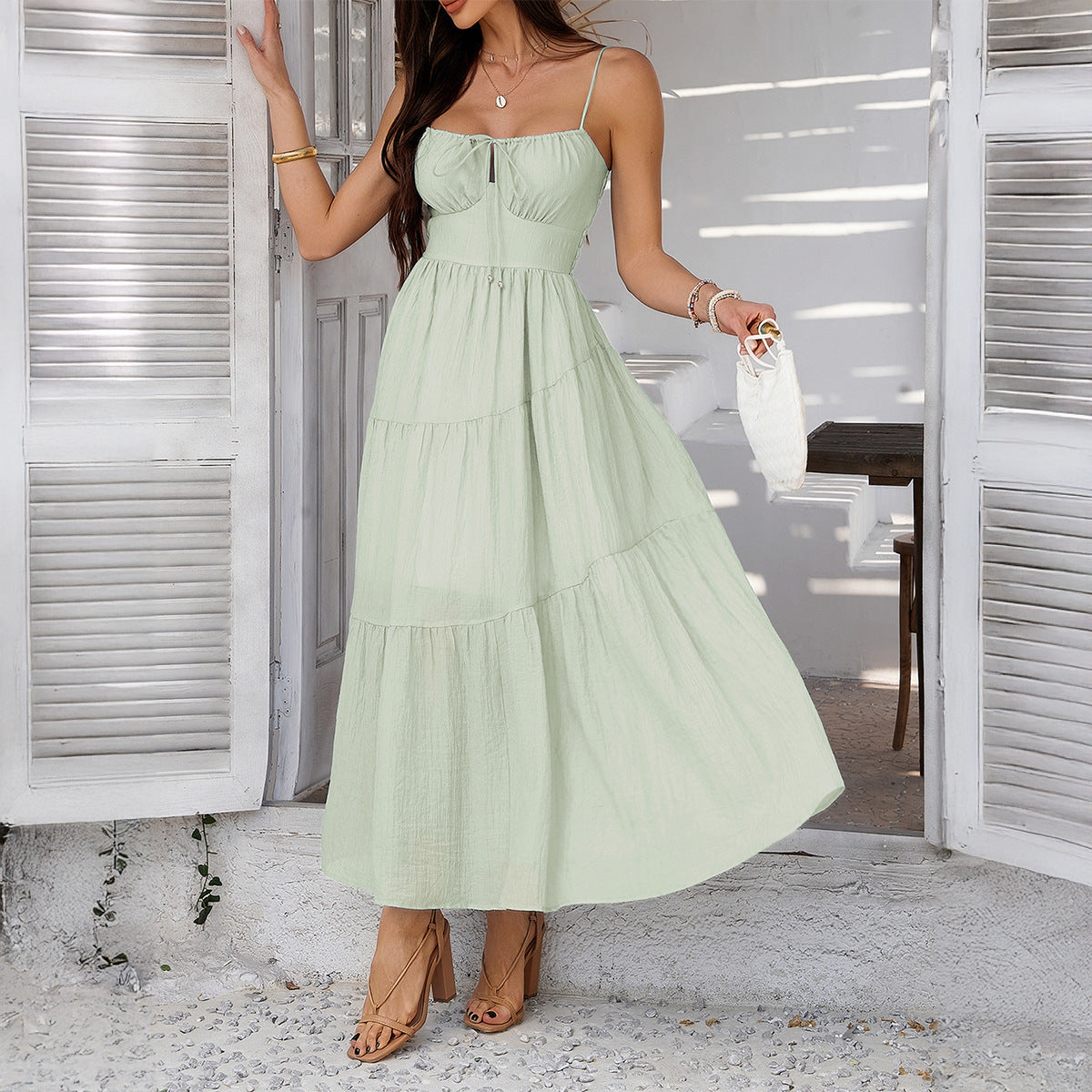 Women’s Maxi Dress – Soft Cotton – Tiered Skirt – Spaghetti Strap – High Waist Fit