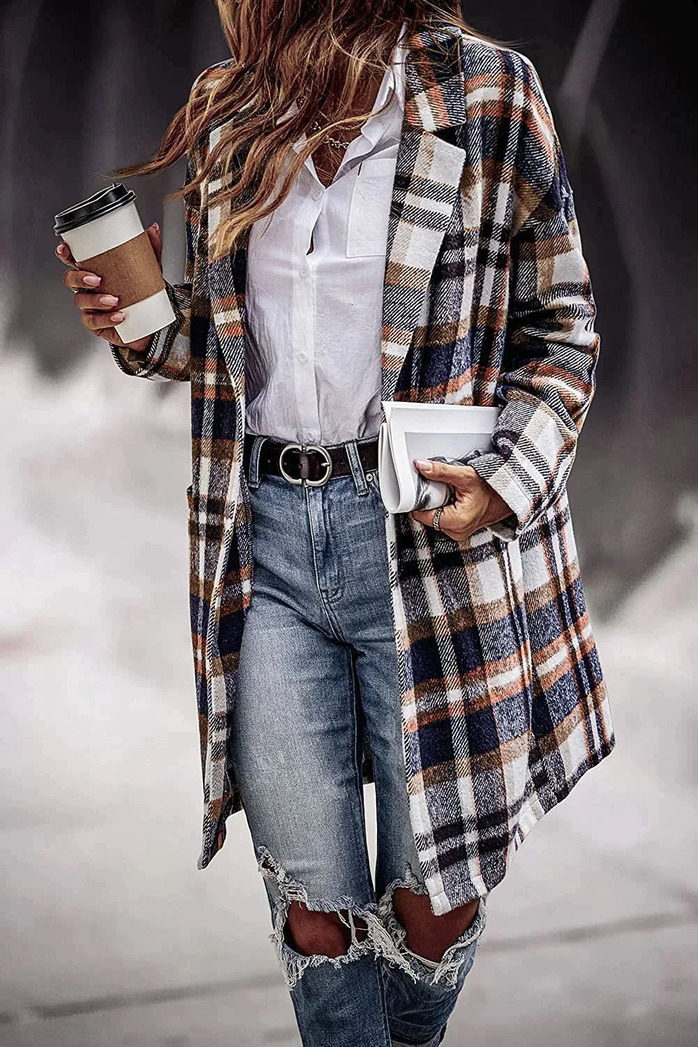 Women's loose fit checked coat with lapel pocket