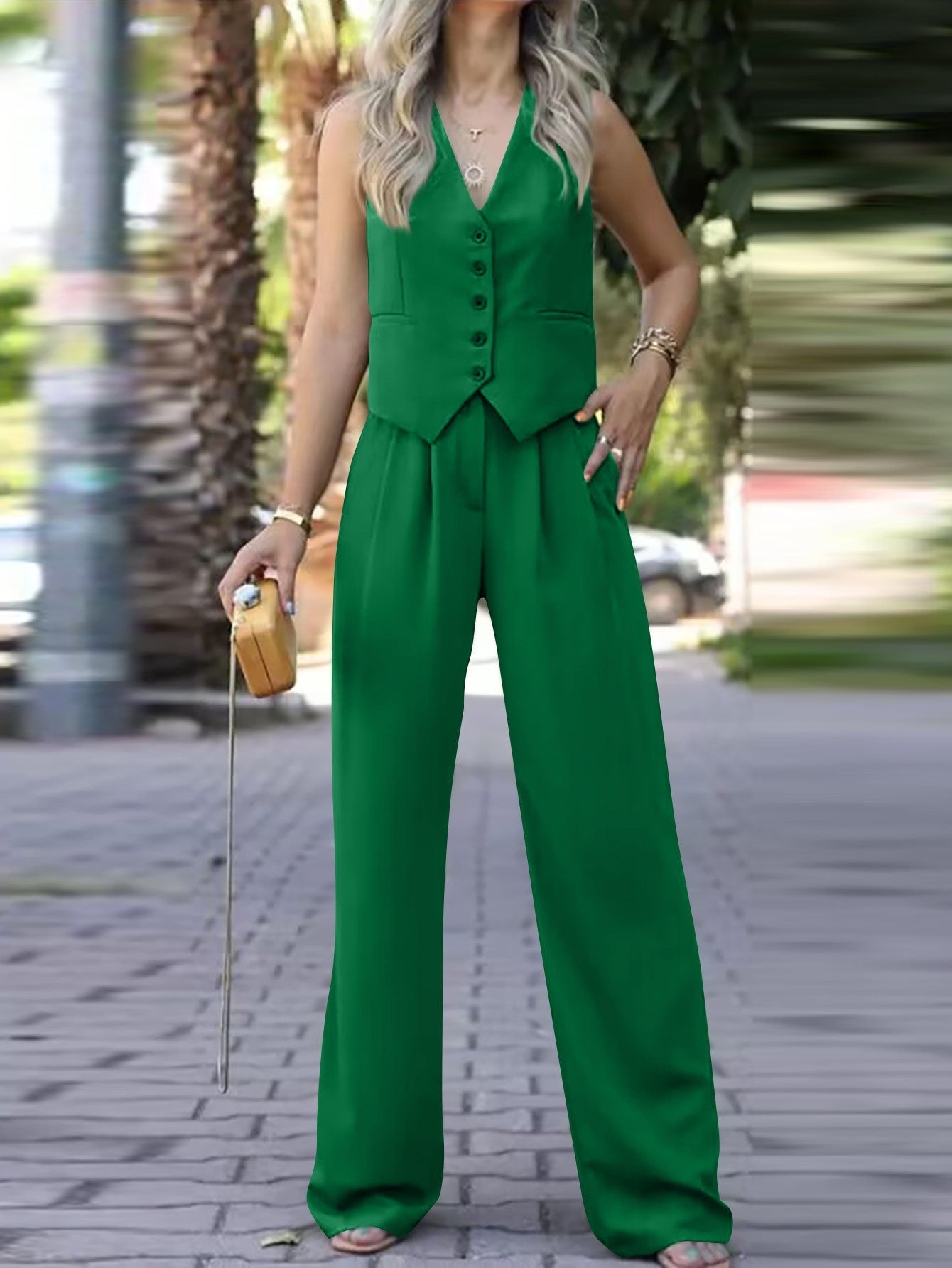 Women's sleeveless v neck vest with wide leg pants set