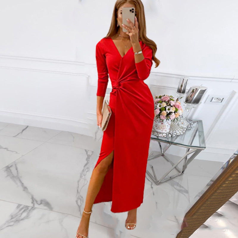 Women's Maxi Dress – Knot Front Detail – V-Neck – Slit Hem – Bodycon Fit – Long Sleeves