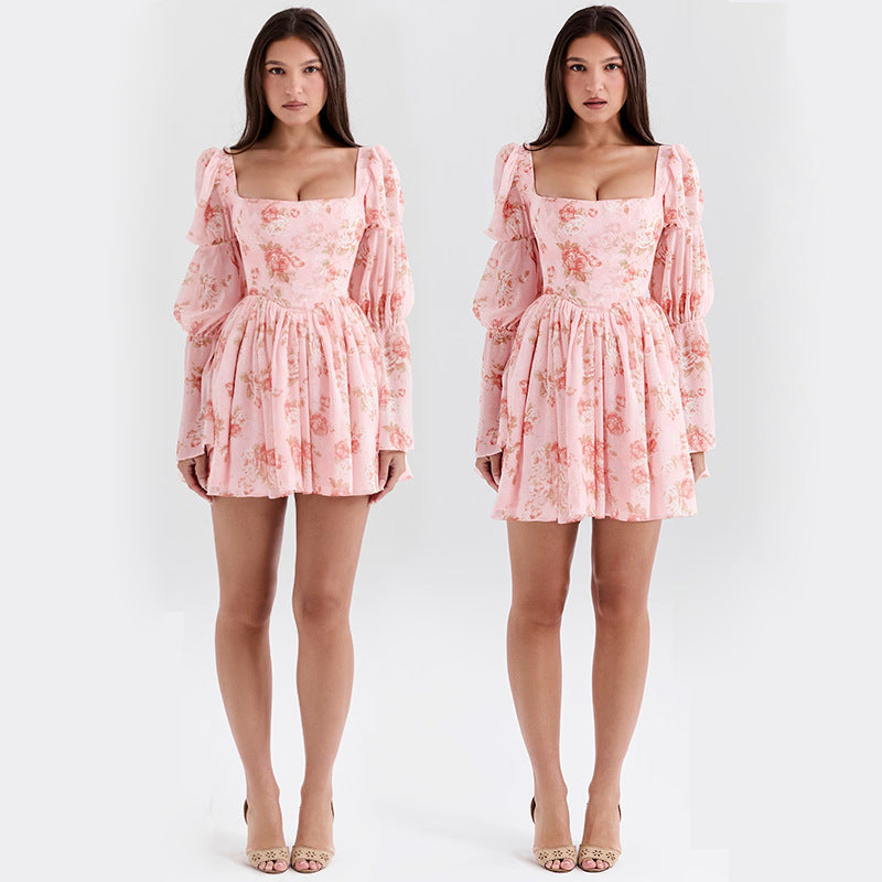 Women’s Mini Dress – A-Line Fit – Puffed Long Sleeves – Square Neck – Floral Print
