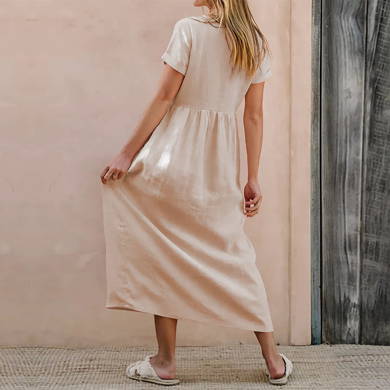 Women’s Midi Dress – V-Neck Button Front – Loose Fit – Cotton Linen Blend