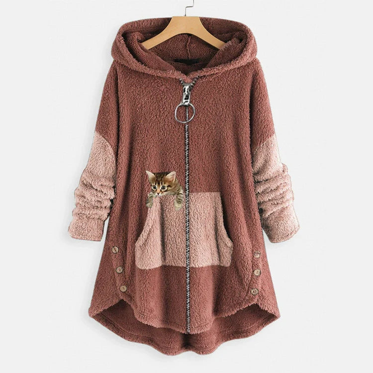 Women’s Long Hooded Jacket – Oversized Fit – Plush Fleece – Kangaroo Pocket – High-Low Hem