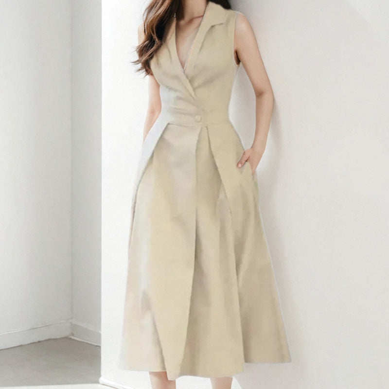 Women’s Midi Dress – V-Neck Button Front – Tailored Fit – Sleeveless Flared Skirt