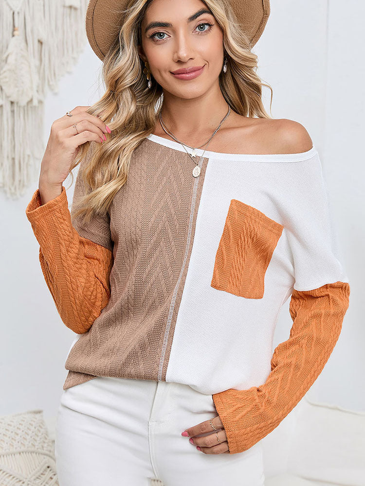 Women's Long-Sleeve Patchwork Top - Round Neck - Textured Fabric - Casual Wear