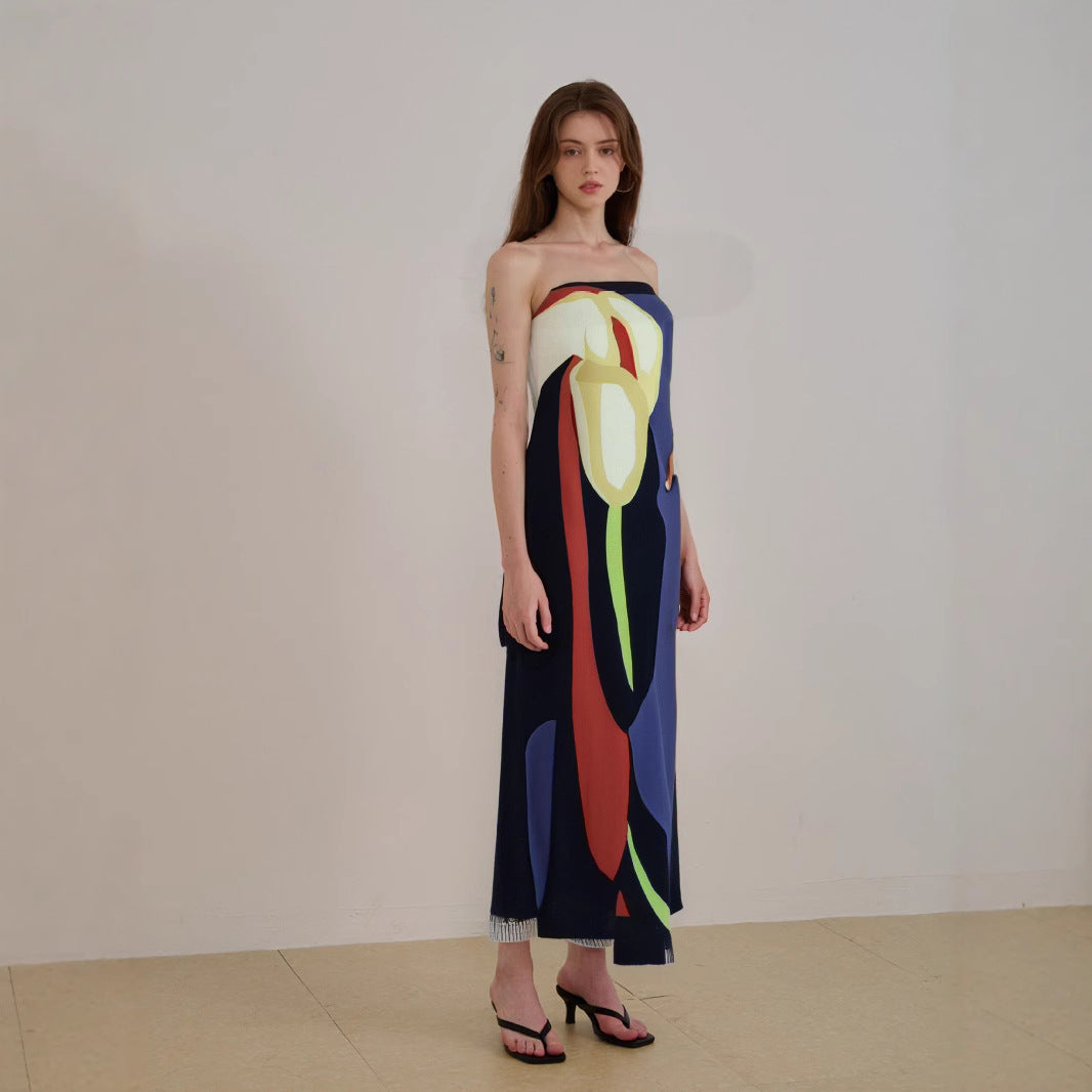 Women’s Strapless Midi Dress – Abstract Print – Flowing Fit – Lightweight Fabric