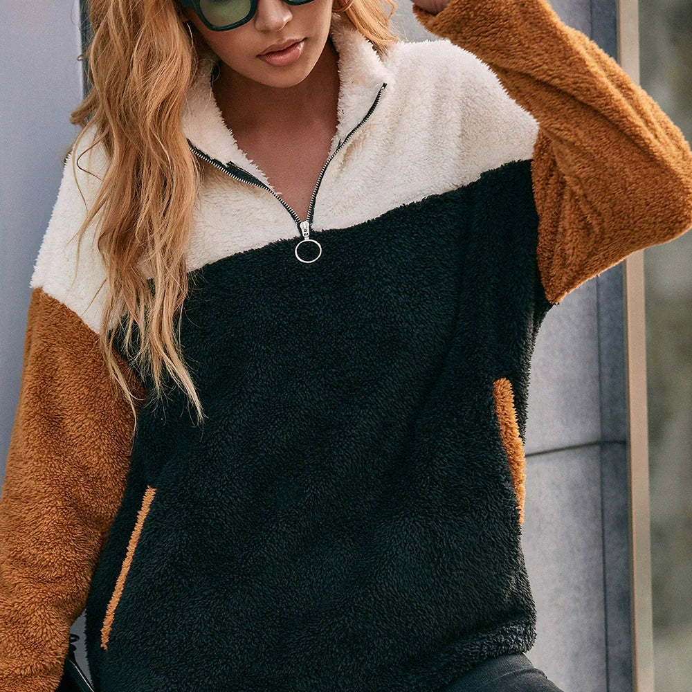 Women’s Sweatshirt – Oversized Fit – Sherpa Texture – Half Zip Patchwork Design – Pockets