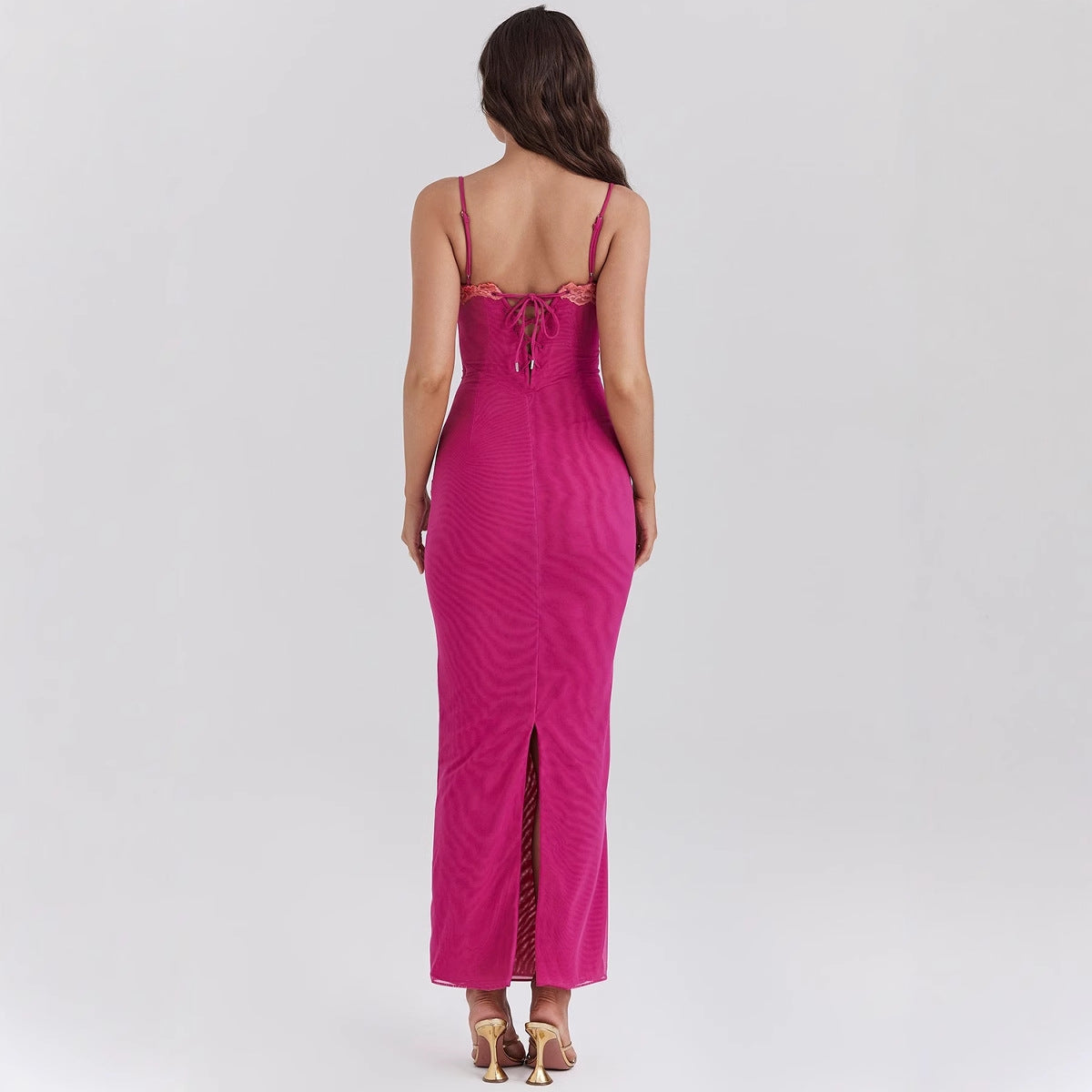 Women’s Maxi Dress – Slim Fit – Spaghetti Straps – Lace Trim – Sheer Hem