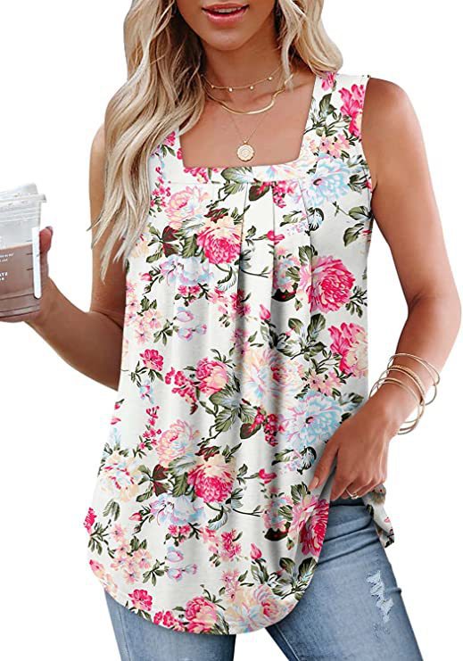 Women’s Sleeveless T-Shirt – Square Neck Vest – Floral Print – Relaxed Fit – Breathable Blend