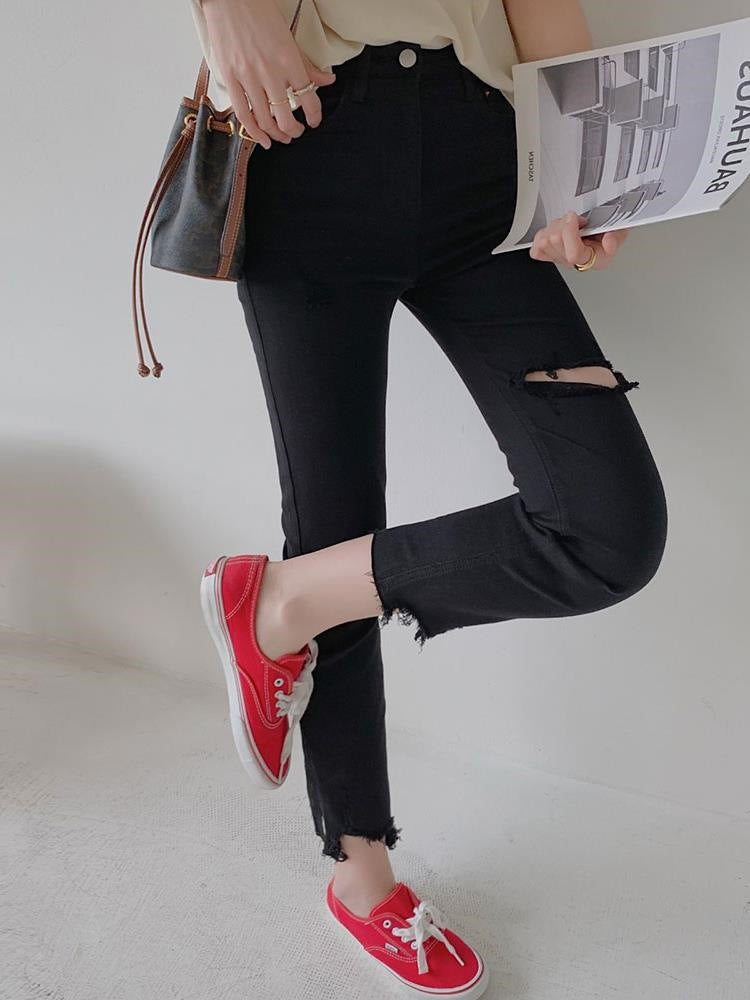 Distressed High-Waisted Straight-Leg Jeans