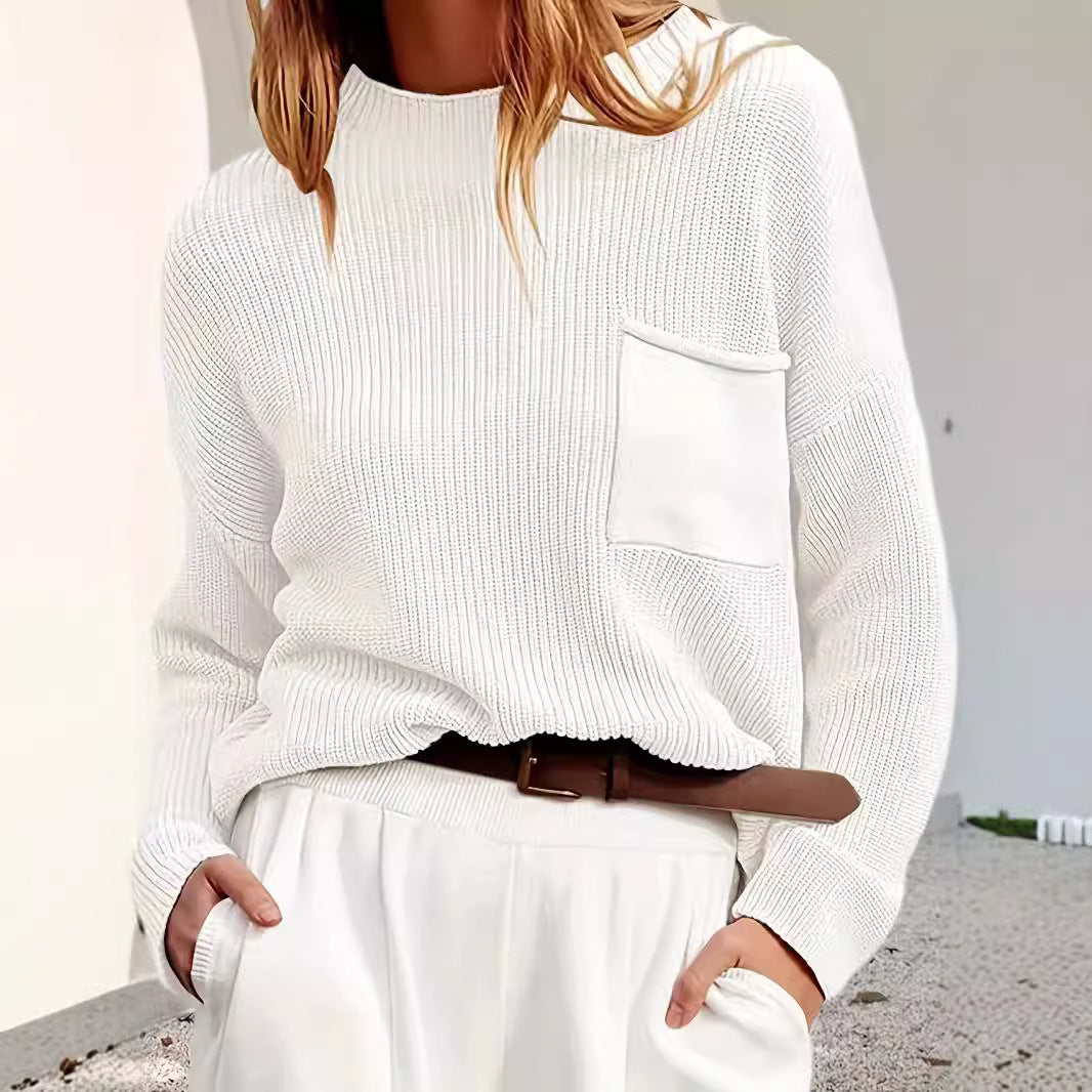 Knit Pocket Round Neck Long-Sleeve Sweater