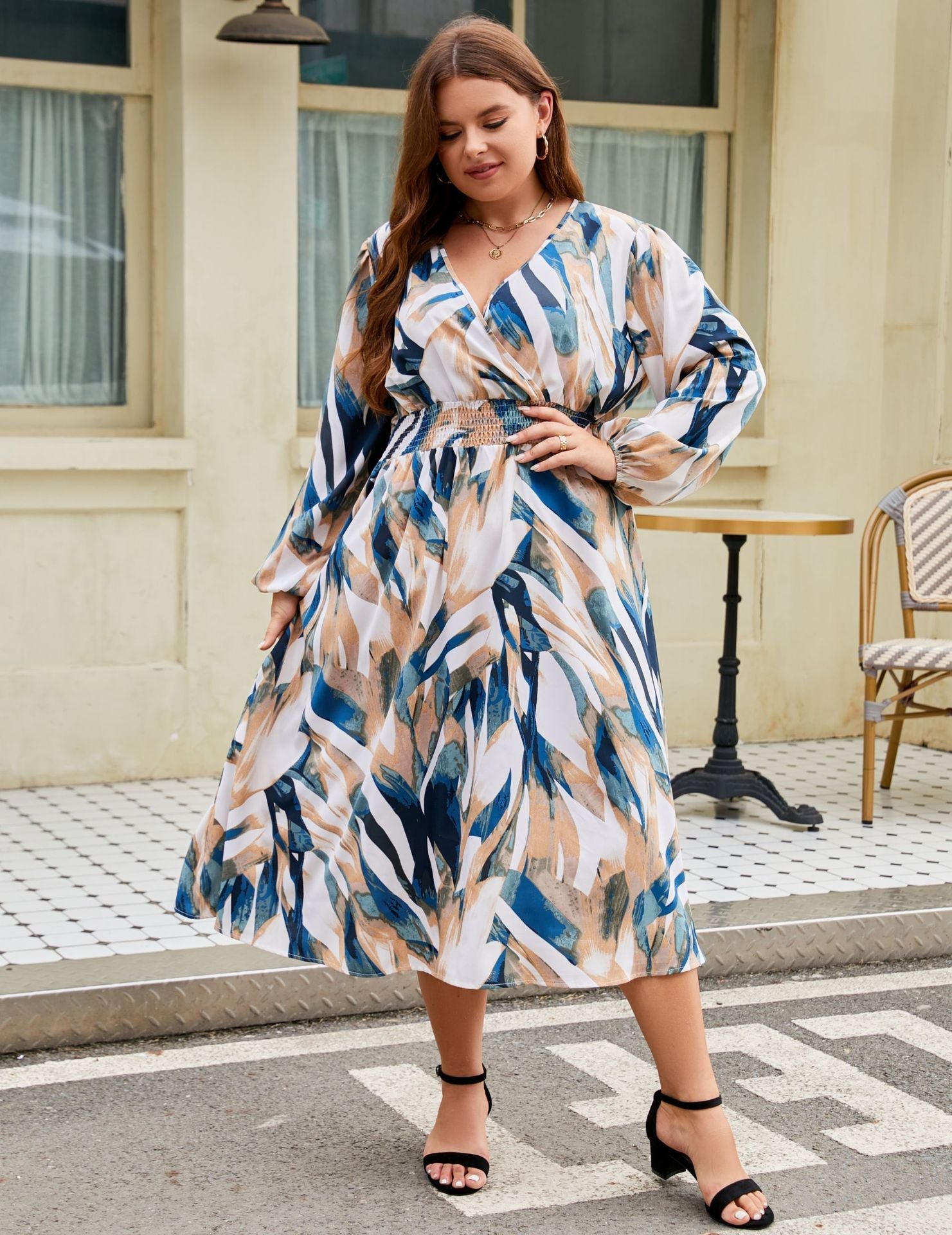 V-Neck Long Sleeve Midi Dress