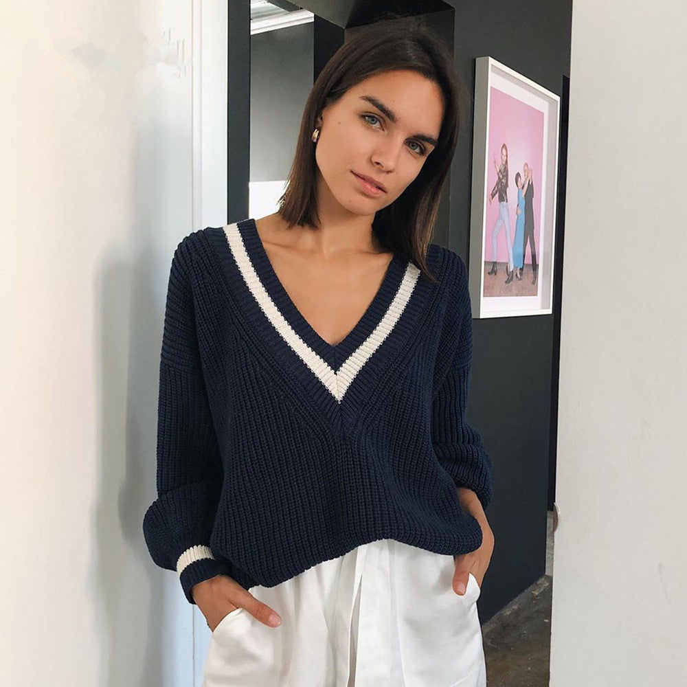 Women's v-neck contrast color casual sweater