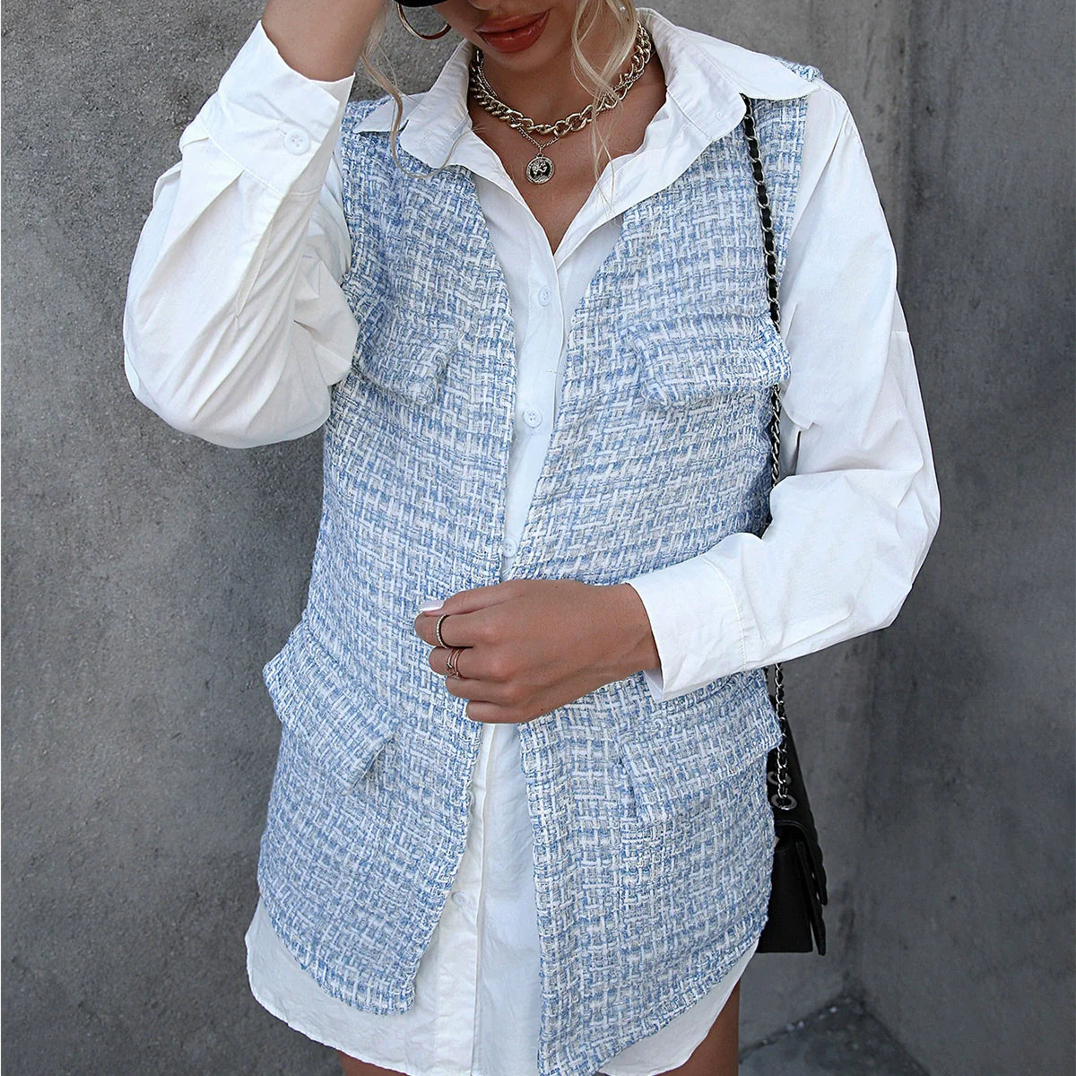 Women’s Cardigan Vest – Houndstooth Plaid – Tweed Texture – Relaxed Fit – Mid-Length
