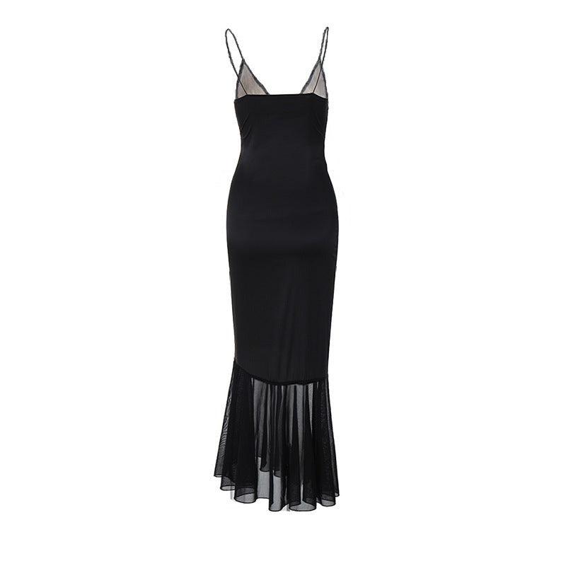 Women's Evening Gown - Satin Finish - Lace Bodice - Deep V-Neck - Backless Elegant Fit