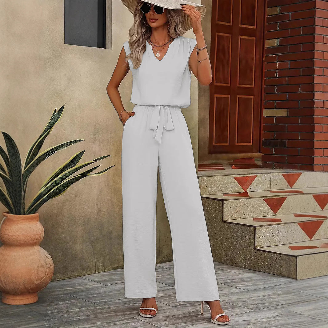 Women’s Two-Piece Set – Sleeveless V-Neck Top – Wide-Leg Trousers – Adjustable Waist