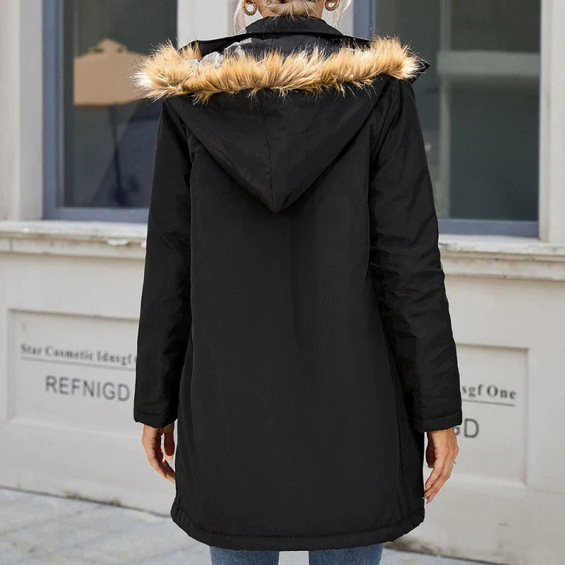 Women’s Windbreaker Coat – Mid-Length Fit – Hooded with Faux Fur – Cotton Blend Lined