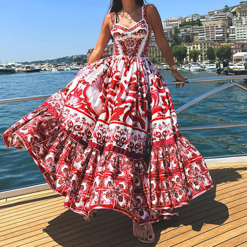 Women’s Suspender Dress – Flowing Fit – Breathable Blend – Tiered Maxi Skirt – Printed Design