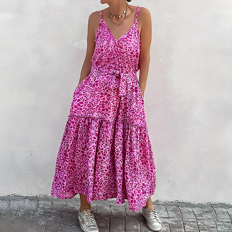 Women’s Midi Dress – V-Neck Sleeveless – Relaxed Fit – Tiered Skirt – Waist Tie – Printed