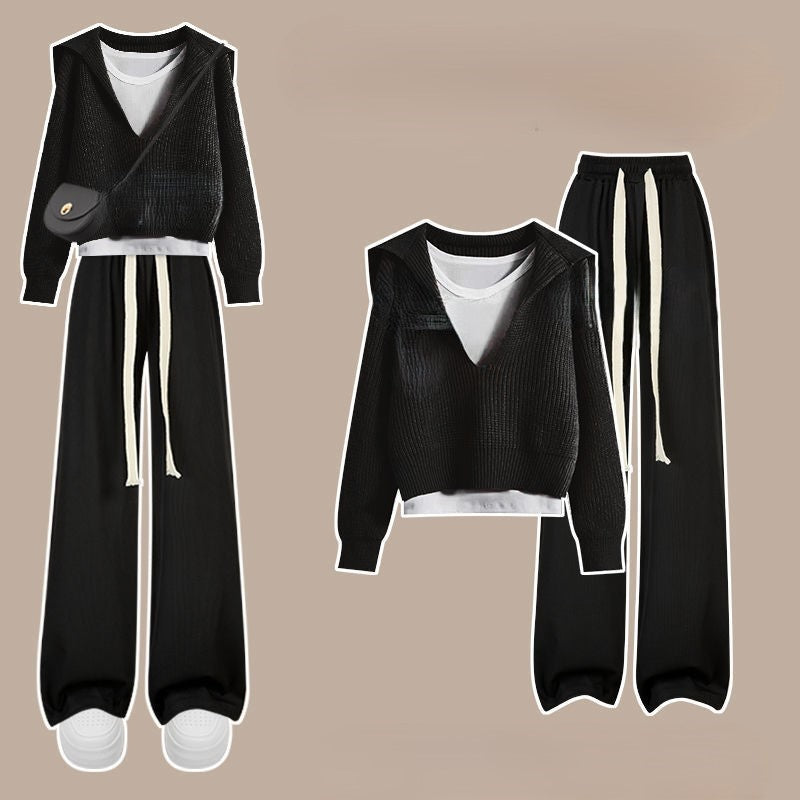 Women’s Knit Lounge Set – V-Neck Sweater – Wide-Leg Pants – Relaxed Fit – Soft Fabric