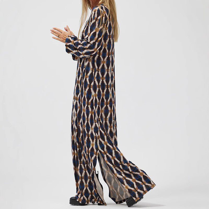 Women’s Maxi Dress – V-Neck – Flowy Fit – Long Sleeve – Lightweight Printed Fabric