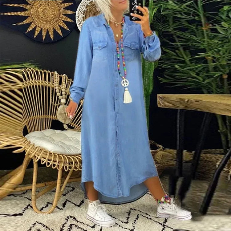 Women's Shirt Dress - Relaxed Fit - Button-Down - Long Sleeve - Mid-Calf Length