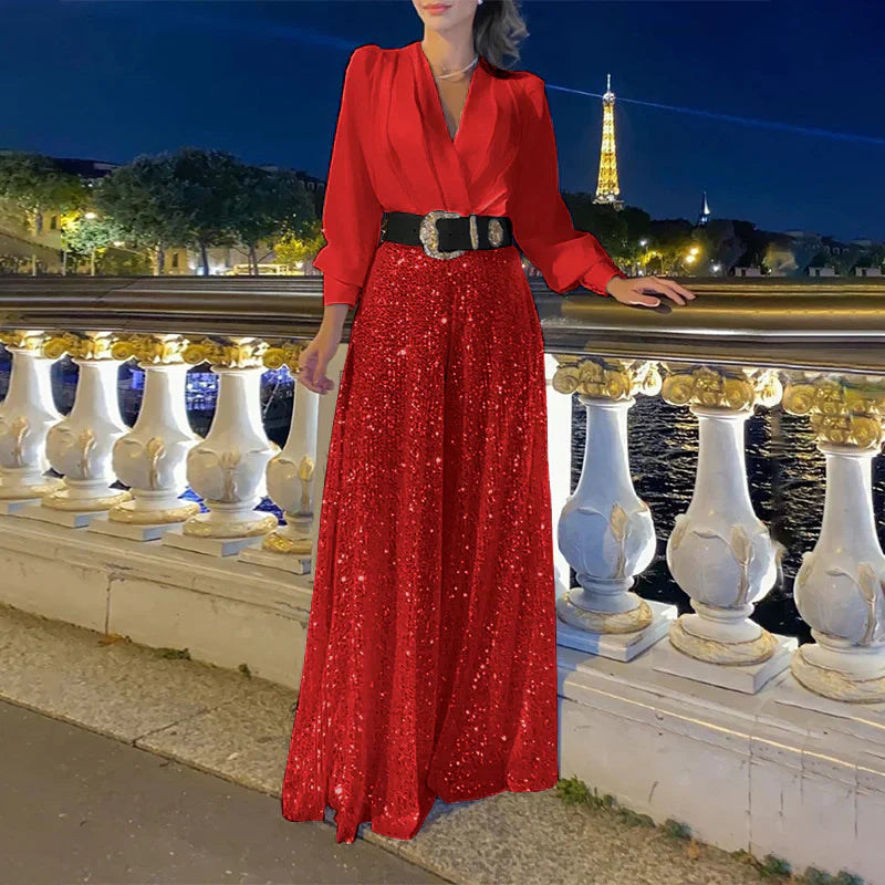 Women's v-neck top with sparkly wide leg pants set