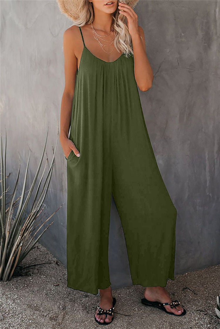 Women’s Jumpsuit – Relaxed Fit – Spaghetti Straps – Breathable Blend – Full Length – Pockets