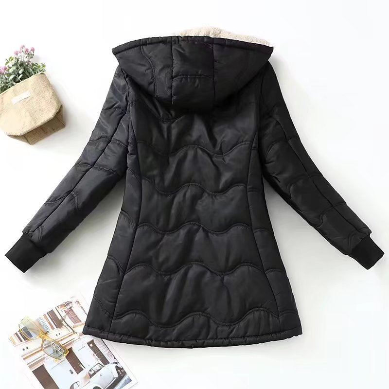 Women’s Mid-Length Coat – Quilted Sherpa Lined – Hooded Loose Fit – Zipper Closure