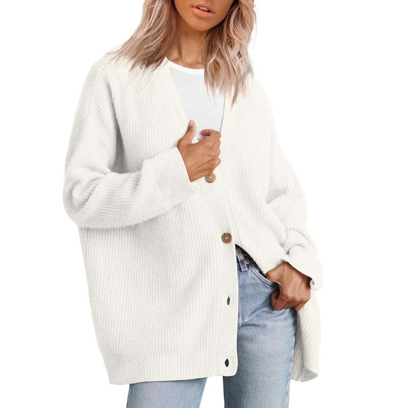 Women's versatile button V-neck solid color knit cardigan