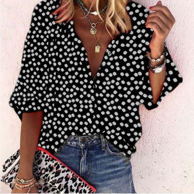 Women's Blouse - Polka Dot Pattern - V-Neck - 3/4 Sleeve - Loose Fit Button-Up