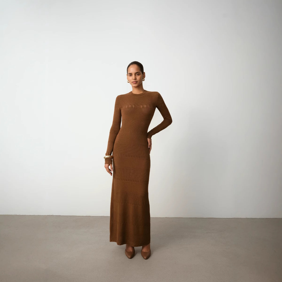Women’s Maxi Dress – Slim Fit – Ribbed Knit – Long Sleeve – Crew Neck – Elegant Style