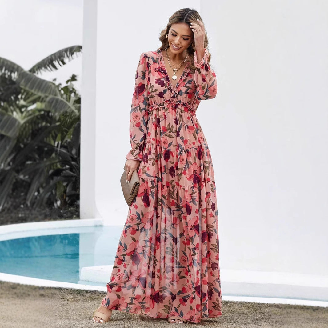 Women’s Maxi Dress – Chiffon – V-Neck – Long Sleeve – Floral Print – Ruffle Detail