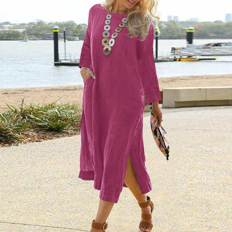 Women’s Shirt Dress – Relaxed Fit – Long Sleeve – Lightweight Woven – Midi Length