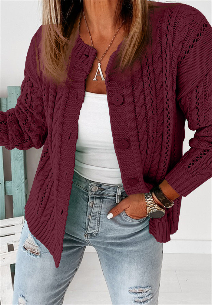 Women’s Cardigan – Wool Knit – Relaxed Fit – Cable Stitch – Button Front Layer