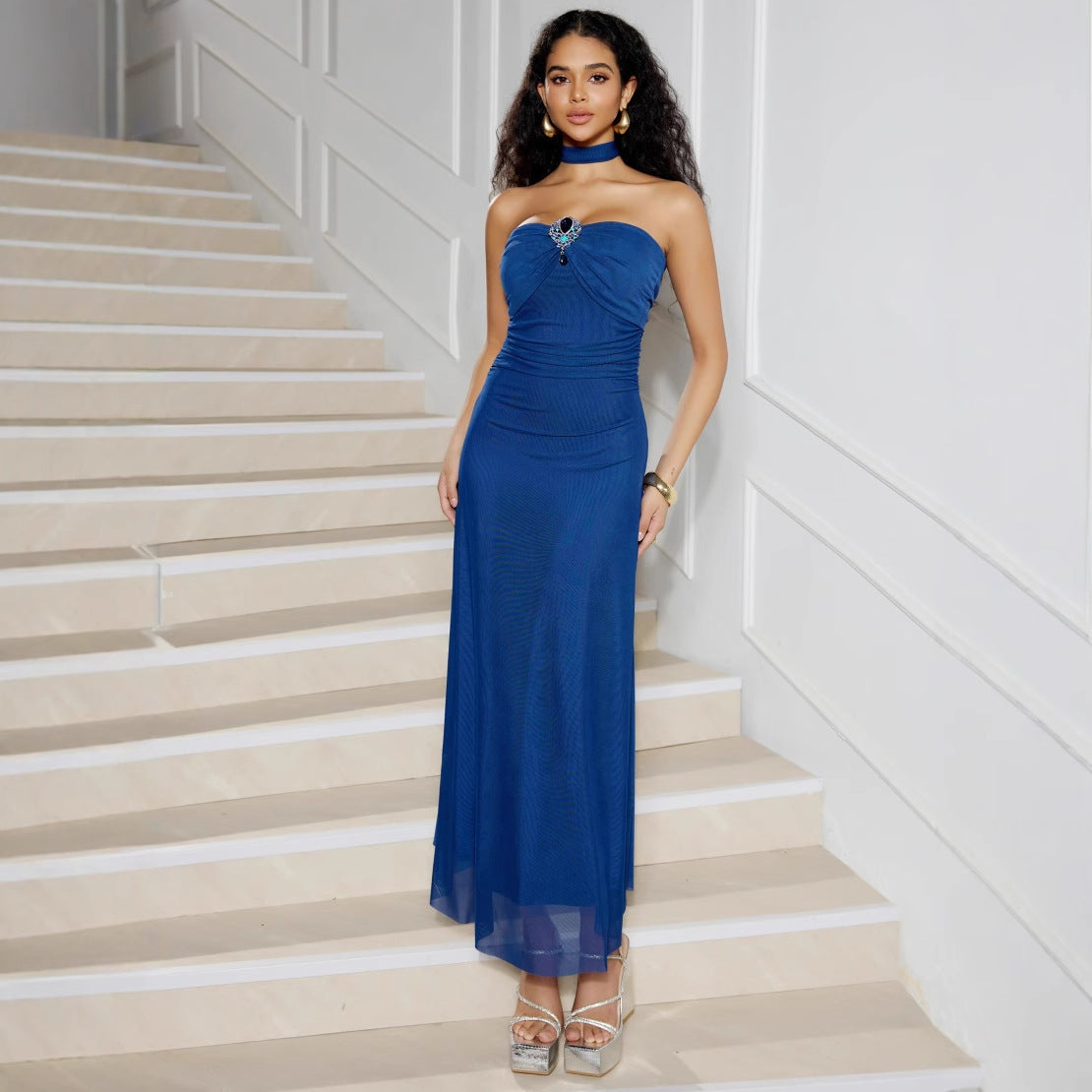 Women’s Evening Gown – Strapless Slim Fit – Mesh Overlay – Embellished Bodice – Full Length