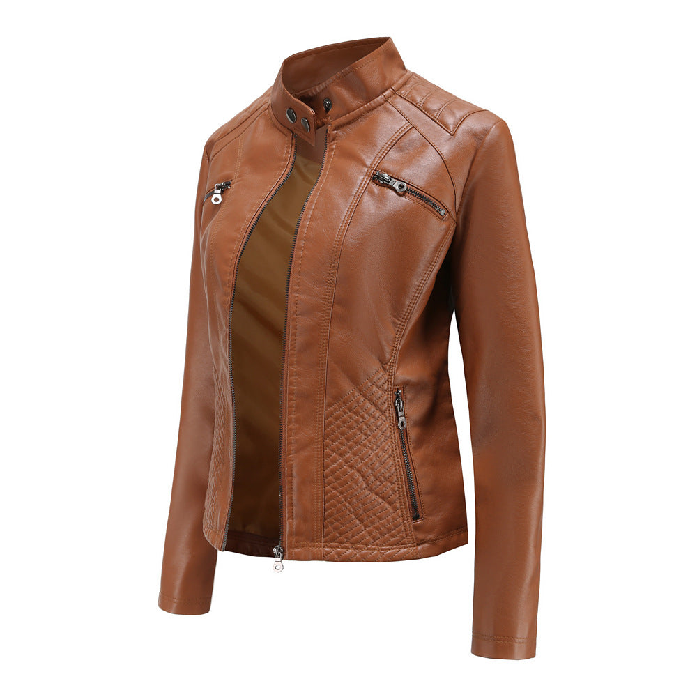 Women's casual faux leather stand-up collar jacket