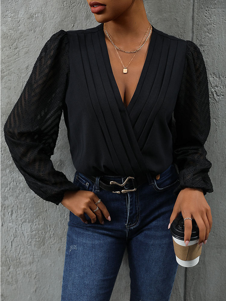 Sheer Patterned Wrap V-Neck Blouse