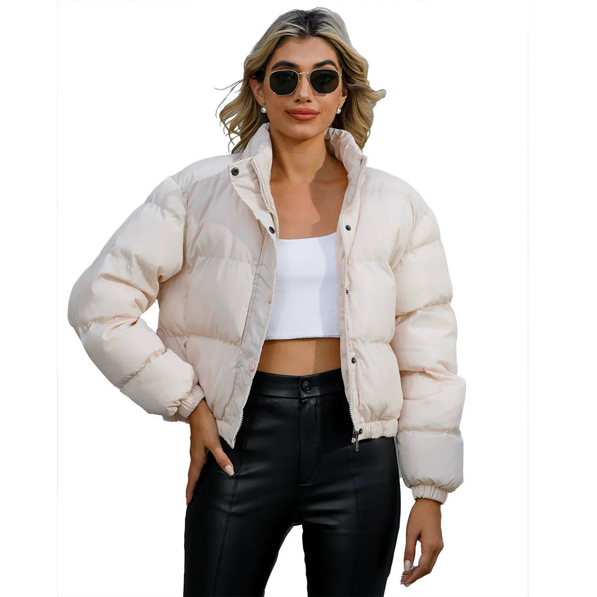 Women’s Puffer Jacket – Oversized Fit – Quilted Padding – High Collar – Cropped Hem