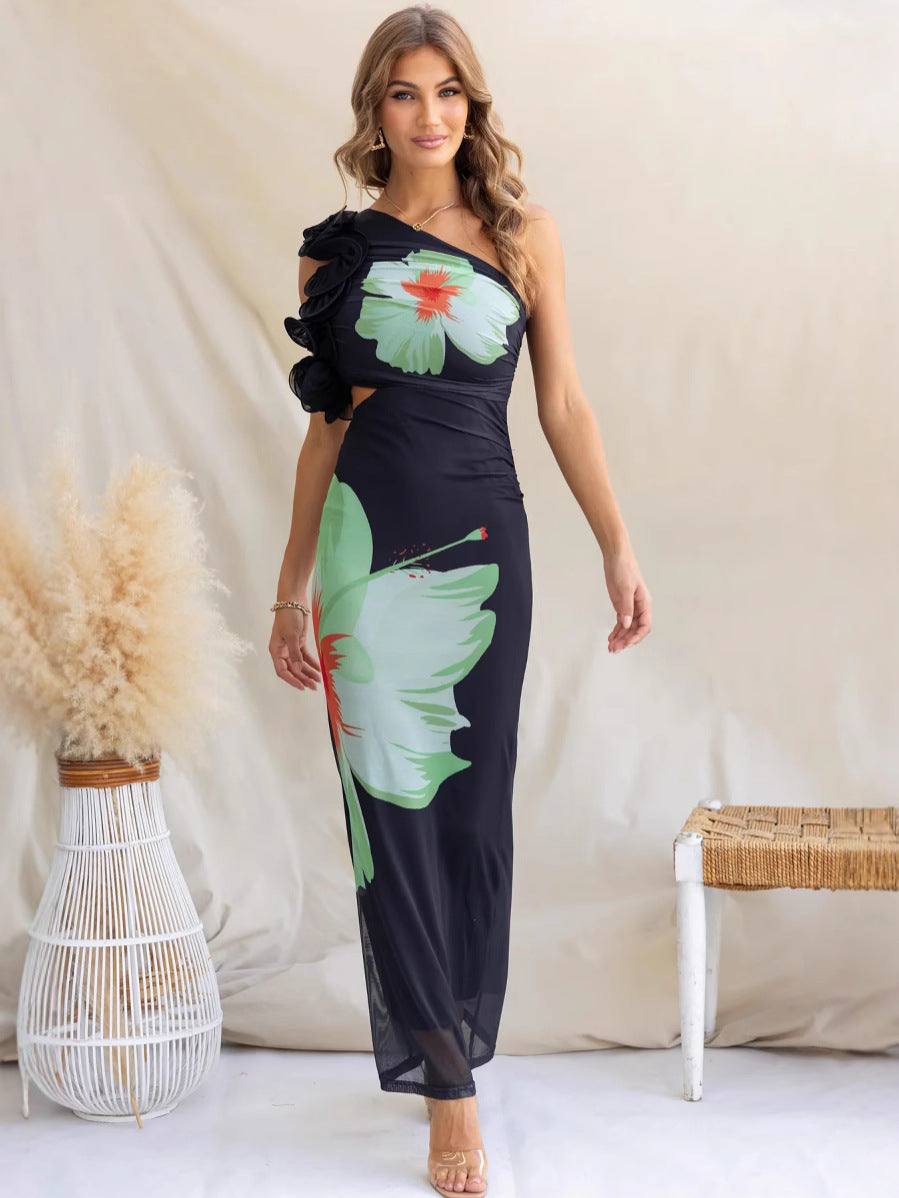 Women’s Bodycon Dress – One-Shoulder Ruffle – Floral Print – Ankle Length Formal Wear