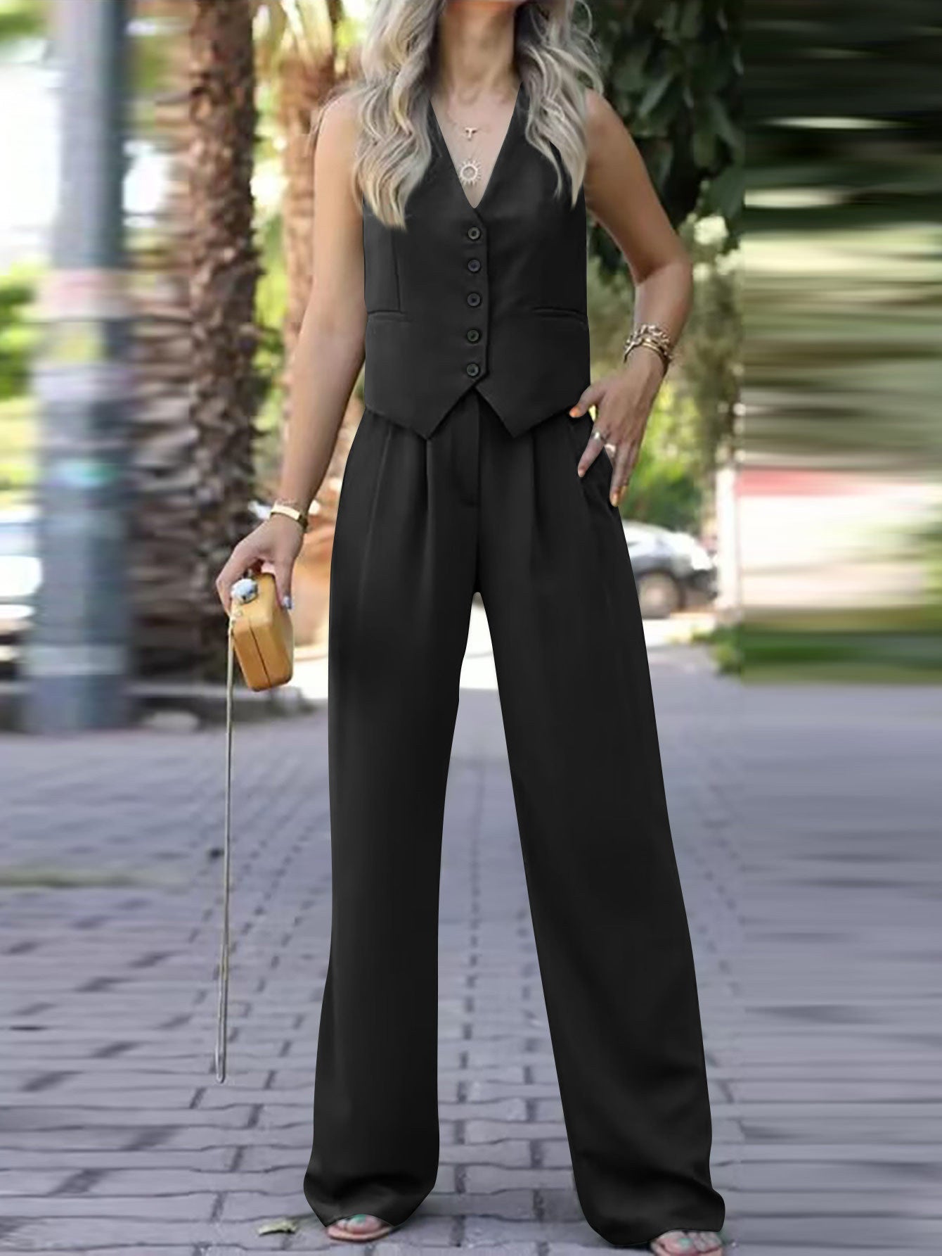 Women's sleeveless v neck vest with wide leg pants set